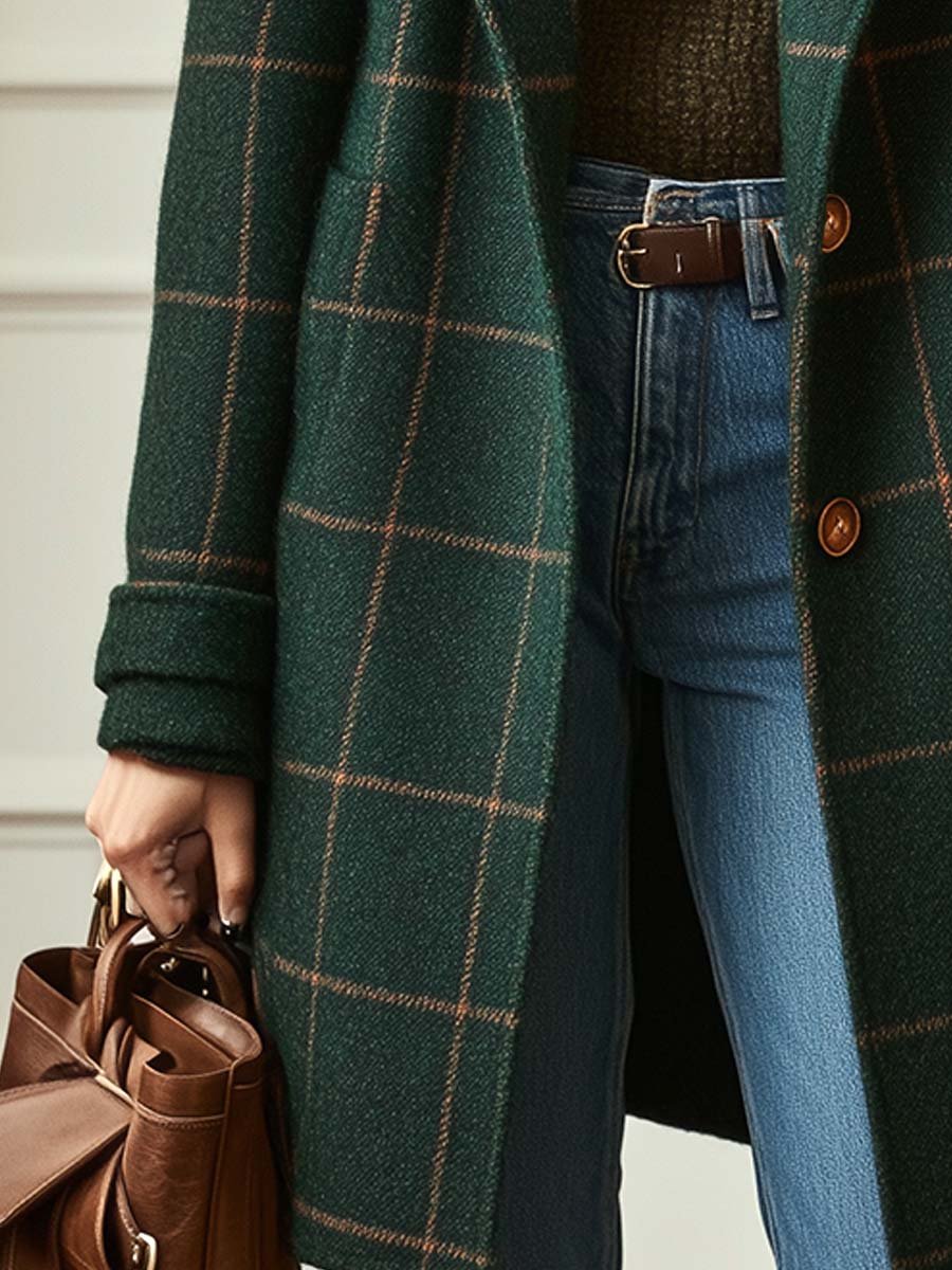 LEVER | Women's Retro Lapel Plaid Tweed Coat